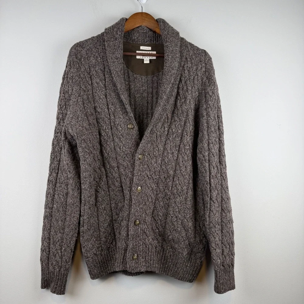 Grandpacore Wool Blend Shawl Collar Cardigan L Brown Cable Knit Old Money Pipe